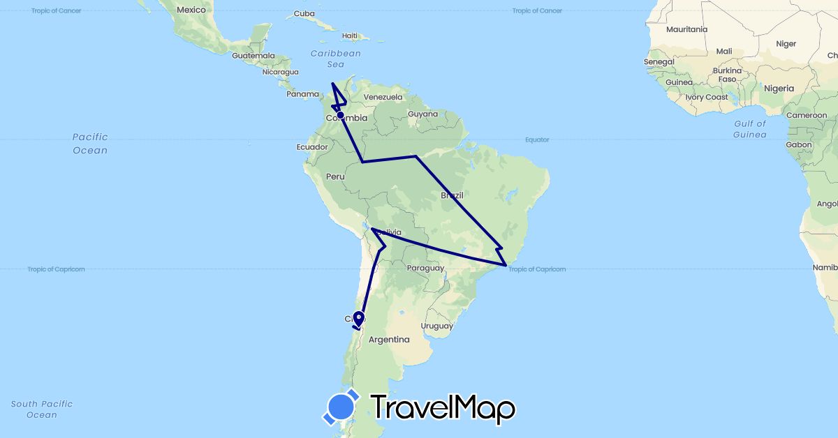 TravelMap itinerary: driving in Bolivia, Brazil, Chile, Colombia (South America)